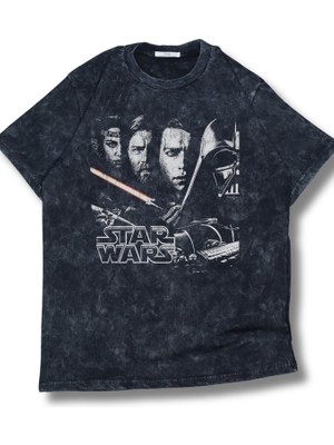 Unisex Vintage Star Wars Yazılı Yıkamalı T-Shirt, Oversize Film Temalı Retro Tişört