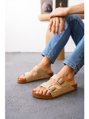 Daxtors Arizona Ortopedik Çift Tokalı Terlik Bej Renk Düz Tabanlı Rahat Ayakkabı