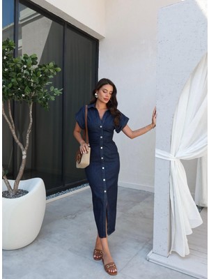 Esra Helvacı Beli Büzgülü Uzun Denim Elbise Kadın Klasik Stil Gömlek Elbise Sütun Silüet