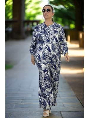 Palmiye Desenli Önden Yarım Düğmeli Hakim Yaka Bluz Beli Lastikli Pantolon Büyük Beden Ikili Takım