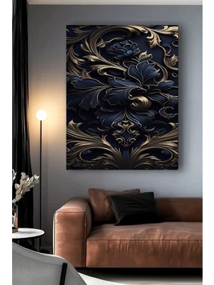 Özkacar Group Koyu Mavi Altın Kaplama Kanvas Tablo Ev Duvar Salon Ofis Dükkan Hediyelik Dekarasyon Süsü