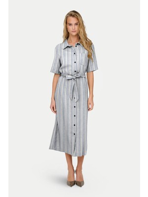 Only Onlcaro Keten Karışımlı Regular Fit Düğmeli Kemerli Midi Elbise Bayan Elbise 15338884