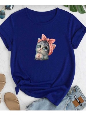 Sevimli Kedi Baskılı Oversize Basic O Yaka Unisex T-Shirt