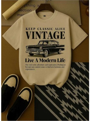 Malkocbey Vintage Araba Baskılı Oversize Basic O Yaka T-Shirt