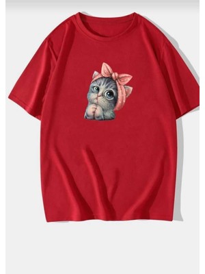 Sevimli Kedi Baskılı Oversize Basic O Yaka Unisex T-Shirt
