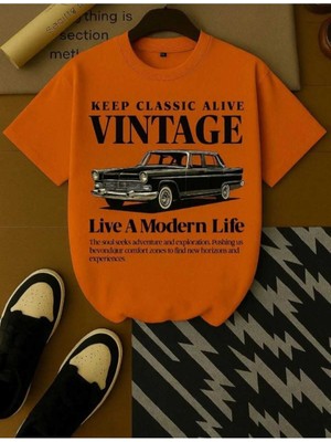 Malkocbey Vintage Araba Baskılı Oversize Basic O Yaka T-Shirt