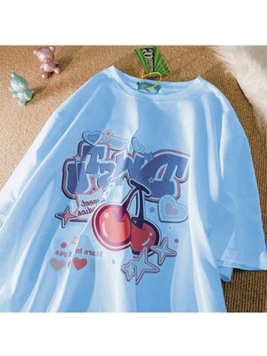 Malkoçbey Vişne Baskılı Oversize Unisex Basic T-Shirt