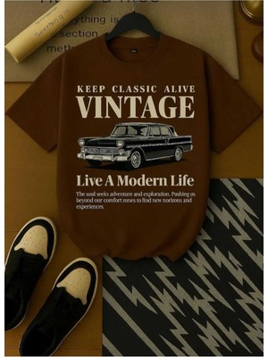 Malkocbey Vintage Araba Baskılı Oversize Basic O Yaka T-Shirt