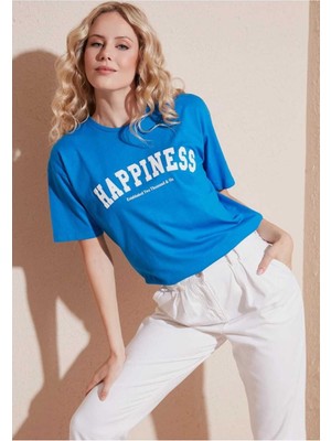 Malkoçbey  Happınnes Baskılı Oversize Unisex Basic T-Shirt
