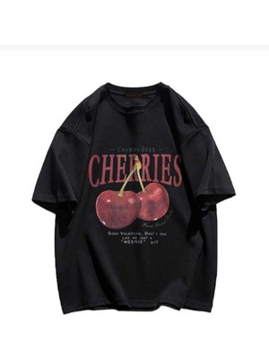 Malkocbey Cherrıes Baskılı Oversize Basic O Yaka T-Shirt