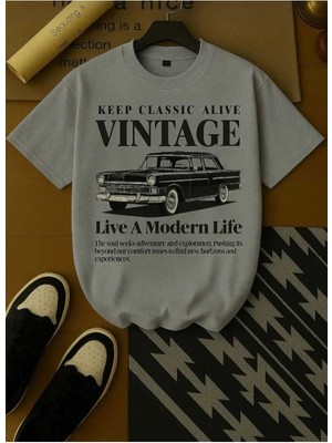 Malkocbey Vintage Araba Baskılı Oversize Basic O Yaka T-Shirt