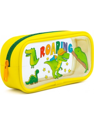 Kaff Sarı Renk Dino Desenli Şeffaf Su Geçirmez Tek Bölmeli Kalem Kutusu