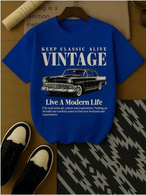 Malkocbey Vintage Araba Baskılı Oversize Basic O Yaka T-Shirt