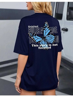 Malkoçbey Mavi Sırt Kelebek  Baskılı Oversize Unisex Basic T-Shirt