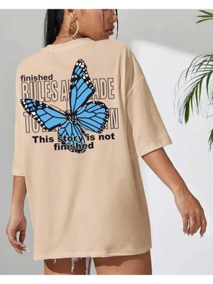 Malkoçbey Mavi Sırt Kelebek  Baskılı Oversize Unisex Basic T-Shirt