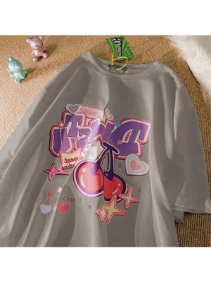 Malkoçbey Vişne Baskılı Oversize Unisex Basic T-Shirt