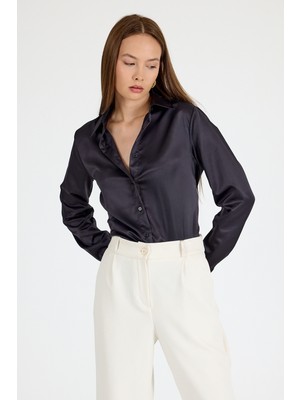 Siyah  Klasik Kesim Saten Gömlek 4105A