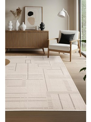 Leon LN004A Krem Halı Modern Desen Pamuk Taban Akrilik Tozuaz Salon Yatak Odası Koridor Halısı