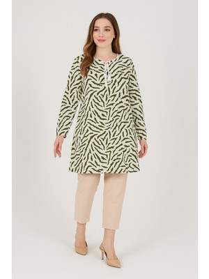 Kadın Zebra Desenli Dokuma Tunik Beyaz Yeşil