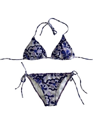 Kadın Lila Çiçek Desenli Boyundan Ip Bağlamalı Üçgen Bikini Takımı HZL25S-LC5005