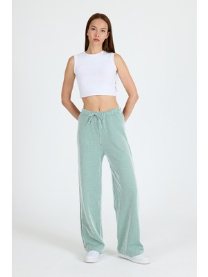 Yeşil Beli Lastikli Çizgili Geniş Paça Dokuma Pantolon 4098