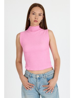 Pembe Bürümcük Kumaş Dik Yaka Kolsuz Bluz 3458