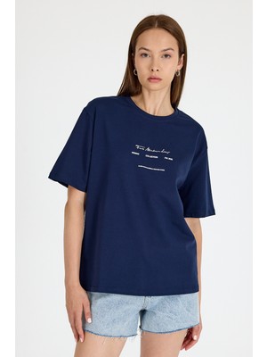 Laci Bisiklet Yaka Yazı Baskılı Oversize Tişört 5832