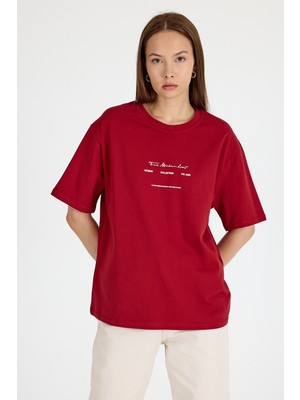 Bordo Bisiklet Yaka Yazı Baskılı Oversize Tişört 5832