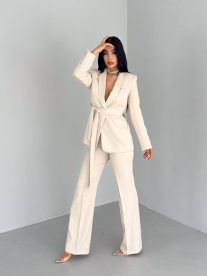 Kadın Ikili Kuşaklı Blazer Ceket Pantolon Takım