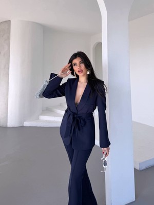 Kadın Ikili Kuşaklı Blazer Ceket Pantolon Takım