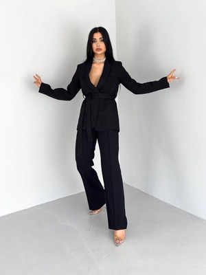 Kadın Ikili Kuşaklı Blazer Ceket Pantolon Takım