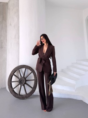 Kadın Ikili Kuşaklı Blazer Ceket Pantolon Takım