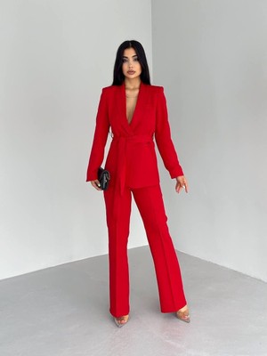 Kadın Ikili Kuşaklı Blazer Ceket Pantolon Takım