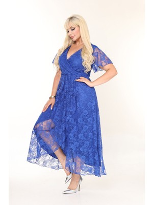 Kraliyet Mavisi Kısa Kollu Dantel Abiye Elbise 44B-2686