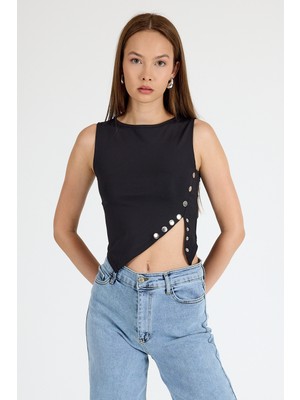 Siyah Çıt Detaylı Asimetrik Kesim Kolsuz Bluz 2494