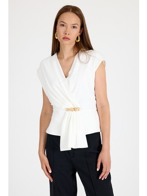 Ekru Aksesuar Detaylı V Yaka Drape Bluz 251178