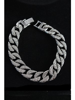 Pirinç Zirkon Taşlı Cuba Gurmet Model Gümüş Renk Erkek Bileklik