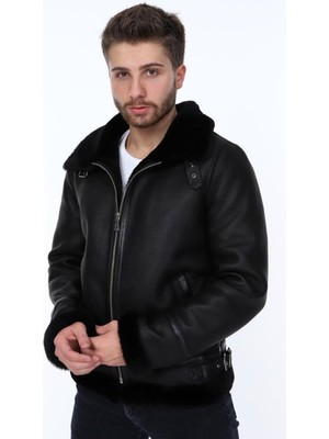 Deri Work Hakiki Deri Siyah Navas Kürklü Erkek Deri Ceket
