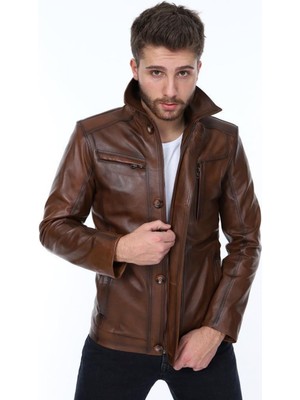 Deri Work Hakiki Deri Kahverengi Düğmeli Angelo Erkek Deri Ceket