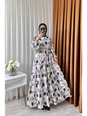 Neşeli Butik Kadın Keten Desenli Tesettür Elbise SMS002 - Siyah