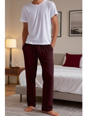elemge %100 Pamuk Süprem Erkek Pijama Altı Bordo Rahat Kalıp Cepli Relax Fit Lastikli Ipli Terletmez Esnek