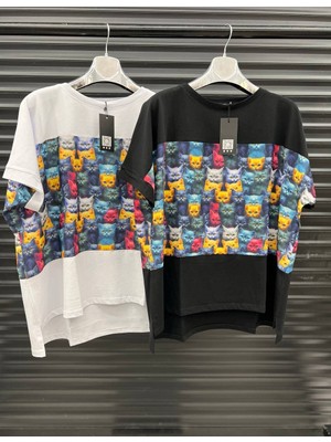 Bonitta Store Renkli Desenli Oversize Tişört – Beyaz & Siyah Seçenekli