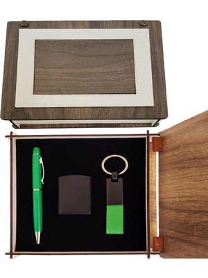 Büro Ev Ofis Hediyesi Için Ahşap Kutulu Yeşil Anahtarlık Kalem Çakmak Seti