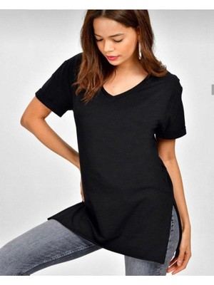 Passense Kadın Kısa Kollu V Yaka Yanları Yırtmaç Detay Penye Bluz