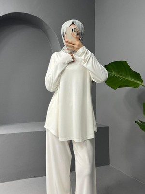 Arben Boutique Yuvarlak Yaka Oval Kesim Cepli Pantolonlu Osyho Takım -Beyaz
