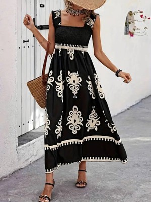 Arben Boutique Kadın Askılı Kare Yaka Gipe Detaylı Desenli Suprem Elbise