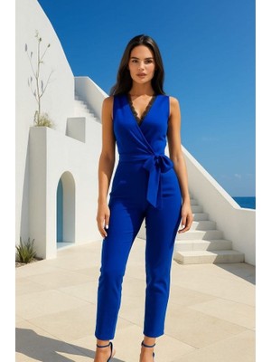 Passense Kadın Kruvaze Yaka Dantel Güpür ve Kuşak Detay Tulum