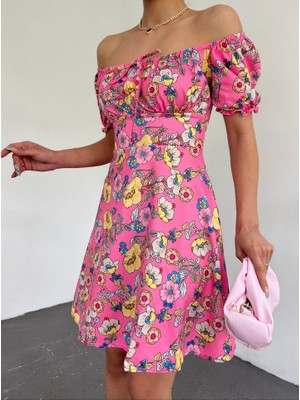 Sosostyle Yakası Lastikli Bağcık Detaylı Mini Elbise -Pembe