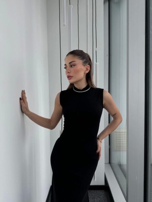 Ahes Shopping Kolsuz Yarım Bogazlı Uzun Elbise- Siyah