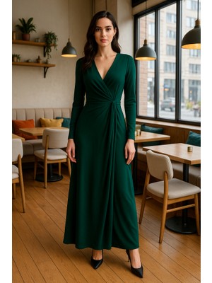 AKN Butik Kadın Kruvaze Yaka Toka Detay Maxi Boy Elbise